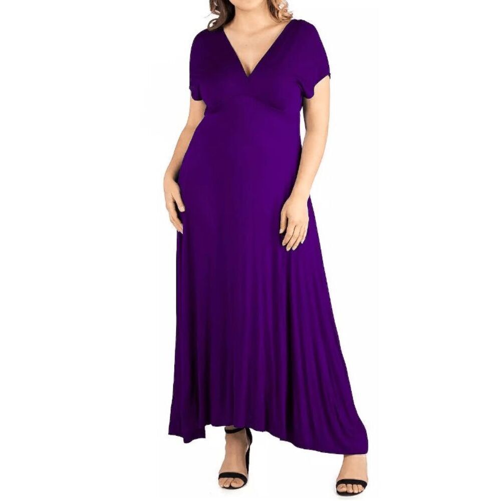 27/7 Comfort Apparel Women's Plus Size Empire Waist V-Neck Maxi Dress 1X Purple